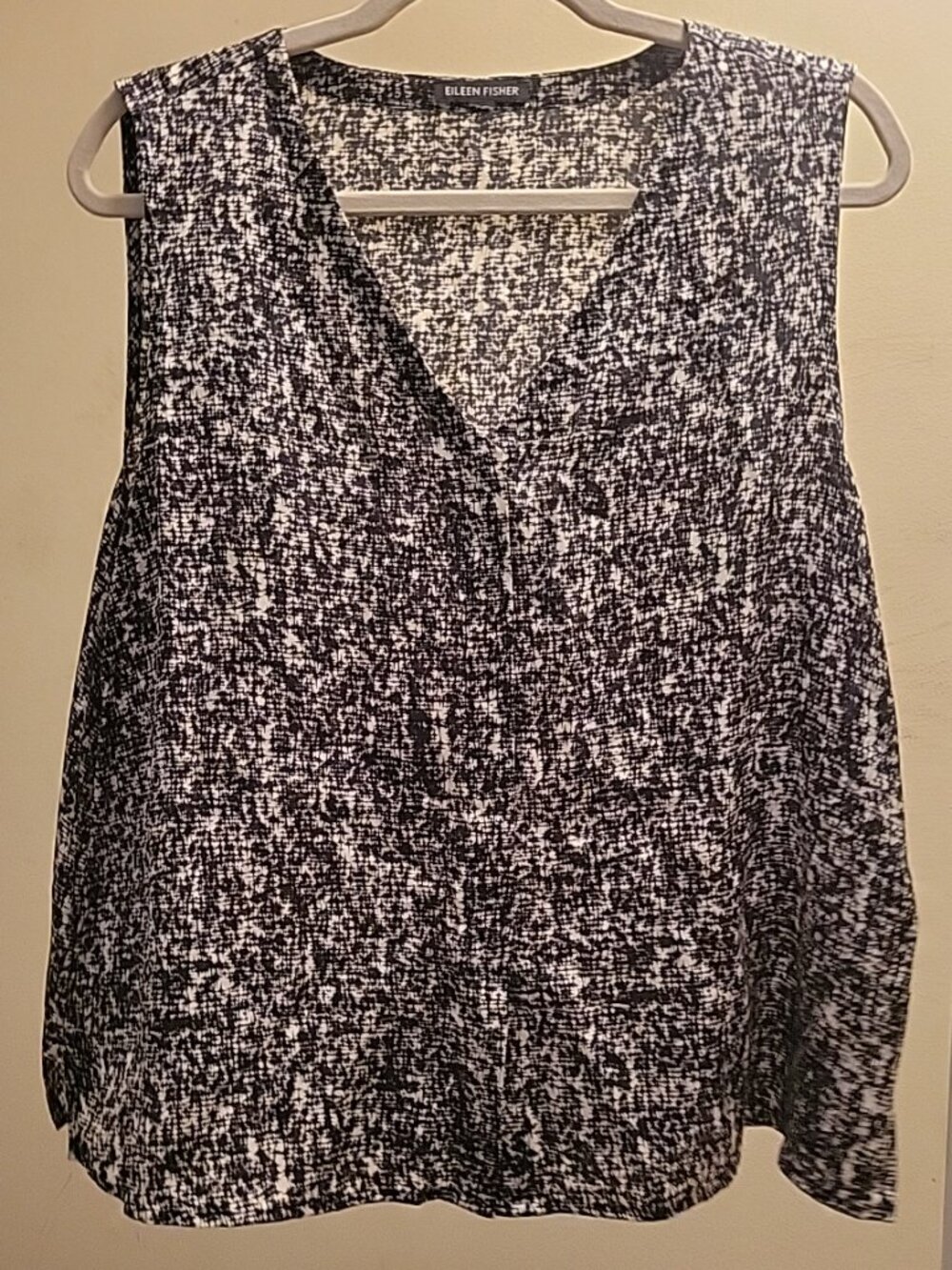 Eileen Fisher Bramble Black/White Prism Silk Cotton Tank Sleeveless Top Sz L